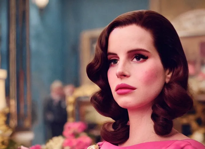 Prompt: a film still closeup of lana del rey in the grand budapest hotel ( 2 0 1 4 )