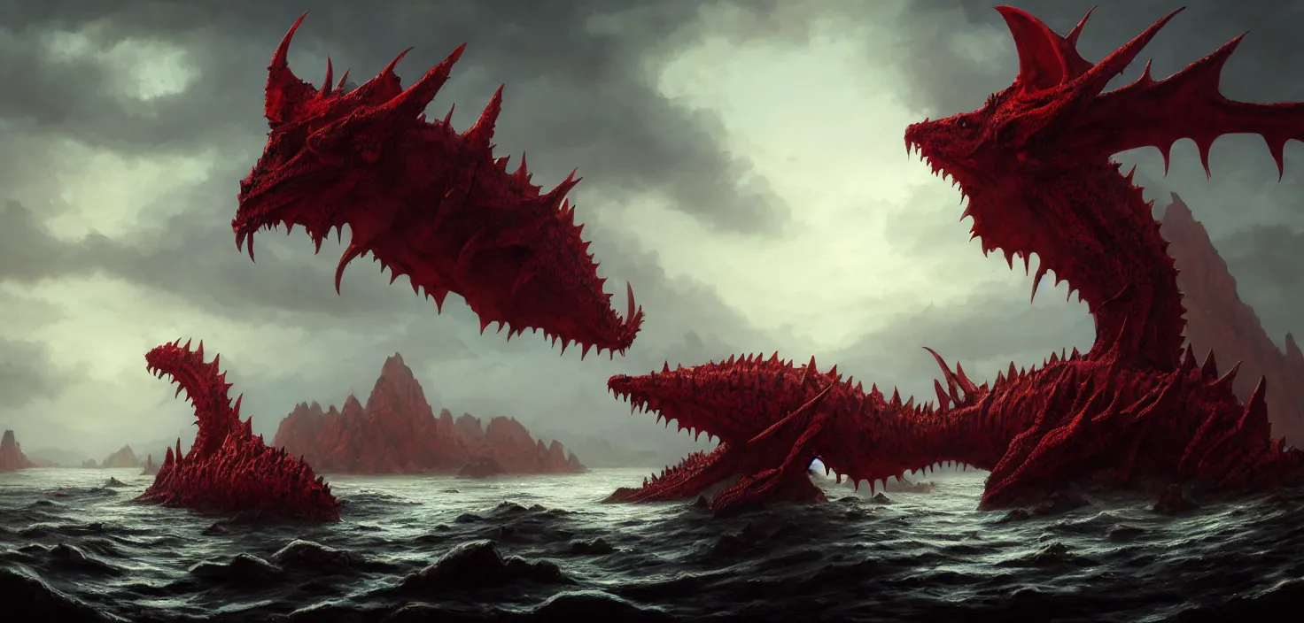 Prompt: seven dragon moloch horridus heads rising from the sea of blood, landscape, cinematic view, epic sky, detailed, concept art, low angle, high detail, warm lighting, volumetric, godrays, vivid, beautiful, trending on artstation, by jordan grimmer, huge scene, grass, art greg rutkowski