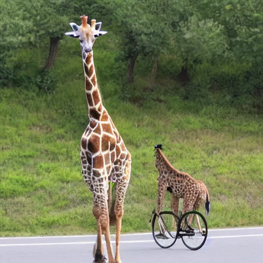Image similar to a giraffe riding a bicycle