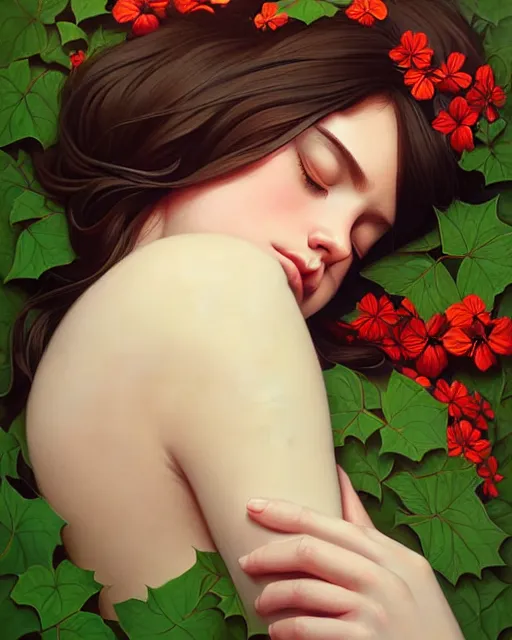 Image similar to stylized portrait of an artistic pose, composition, young lady sleeping sorrounded by nature, ivy's, flowers, one single head, realistic shaded, fine details, realistic shaded lighting poster by ilya kuvshinov, magali villeneuve, artgerm, jeremy lipkin and michael garmash and rob rey