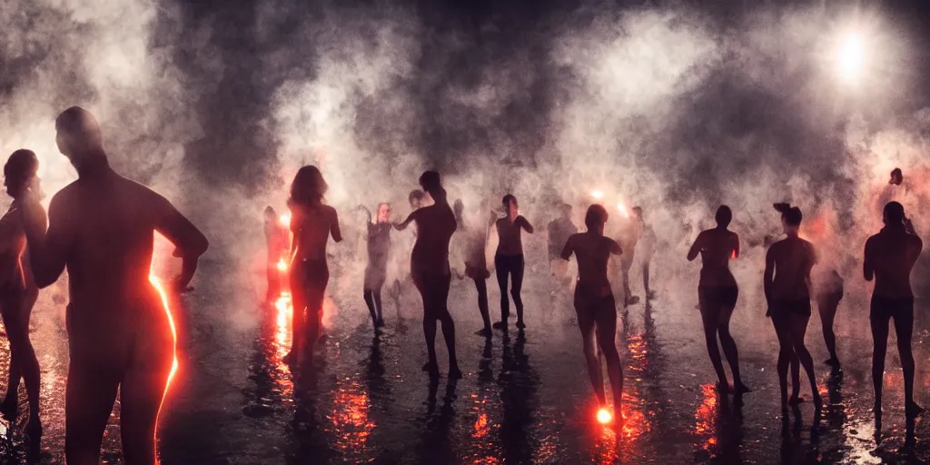 Image similar to love, groups of people with glowing bodies, from behind, rebirth, beauty, wide angle, elaborate, wet, highly detailed, smoke, steam, reflections, vivid colors, beautiful lighting