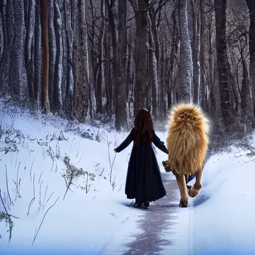 Prompt: a lion, a witch, and a wardrobe walking through a forest together in the winter time, 4 k