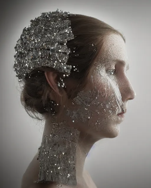 Image similar to a woman's face in profile, long hair made of crystals in the style of the Dutch masters and Gregory Crewdson, dark and moody