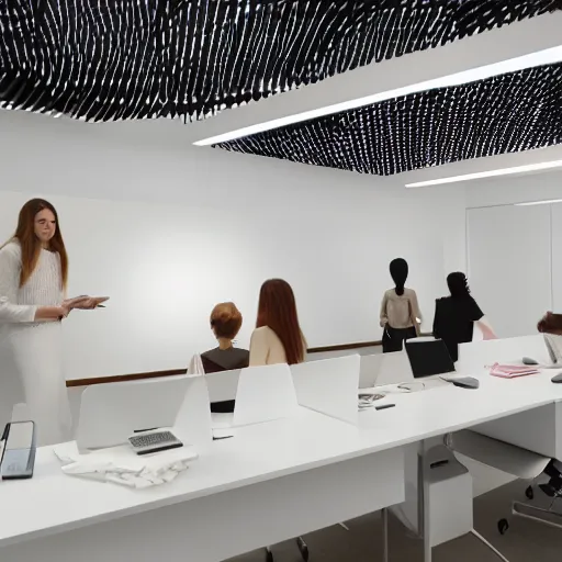 Image similar to architecture presentation in an modern white office, crowd of beautiful female designers in designer clothing critiquing eldritch balsa wood model with spotlight, highly detailed, white modern furniture, elegant, professionally lit