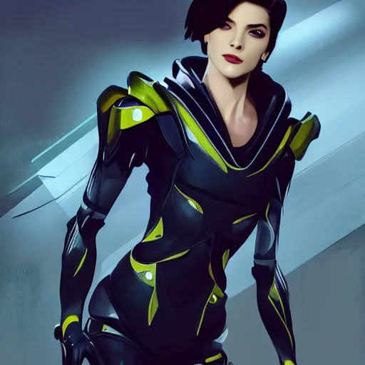 Image similar to A combination of Ada Wong's and Grace Kelly's and Ashley Greene's appearances wearing Interceptor's armor from Anthem, high tech, action shot, angular, full body portrait, futuristic, dramatic, fantasy, intricate, elegant, highly detailed, digital painting, artstation, concept art, matte, sharp focus, illustration, 8K, art by Donato Giancola and James Gurney