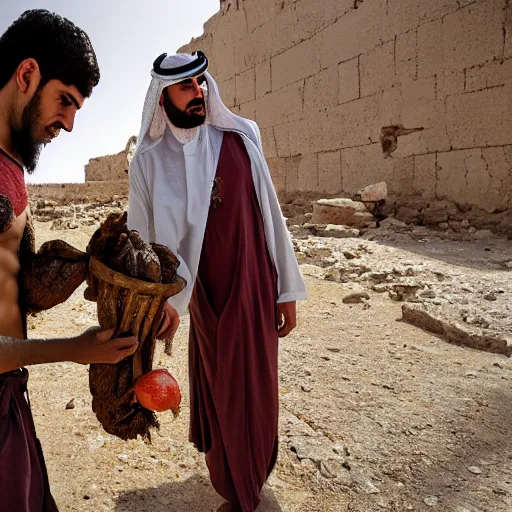 Prompt: 18 year old middle eastern skinned man in ancient Canaanite clothing holding a plate of rotten fruit. A 22 year old middle eastern skinned man in ancient Canaanite clothing carrying a beautiful goat, dramatic angle, 8k hdr pixiv dslr photo