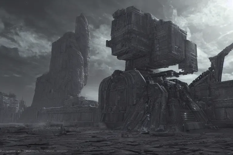 Prompt: monolithic space ship, warhammer 40k, dark souls 3 level, epic scale, gothic scifi