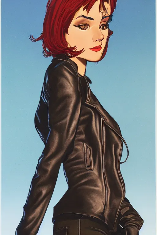 Image similar to portrait of an attractive young female protagonist, center focus, wearing leather jacket, in city street, detailed face, artwork by ralph bakshi