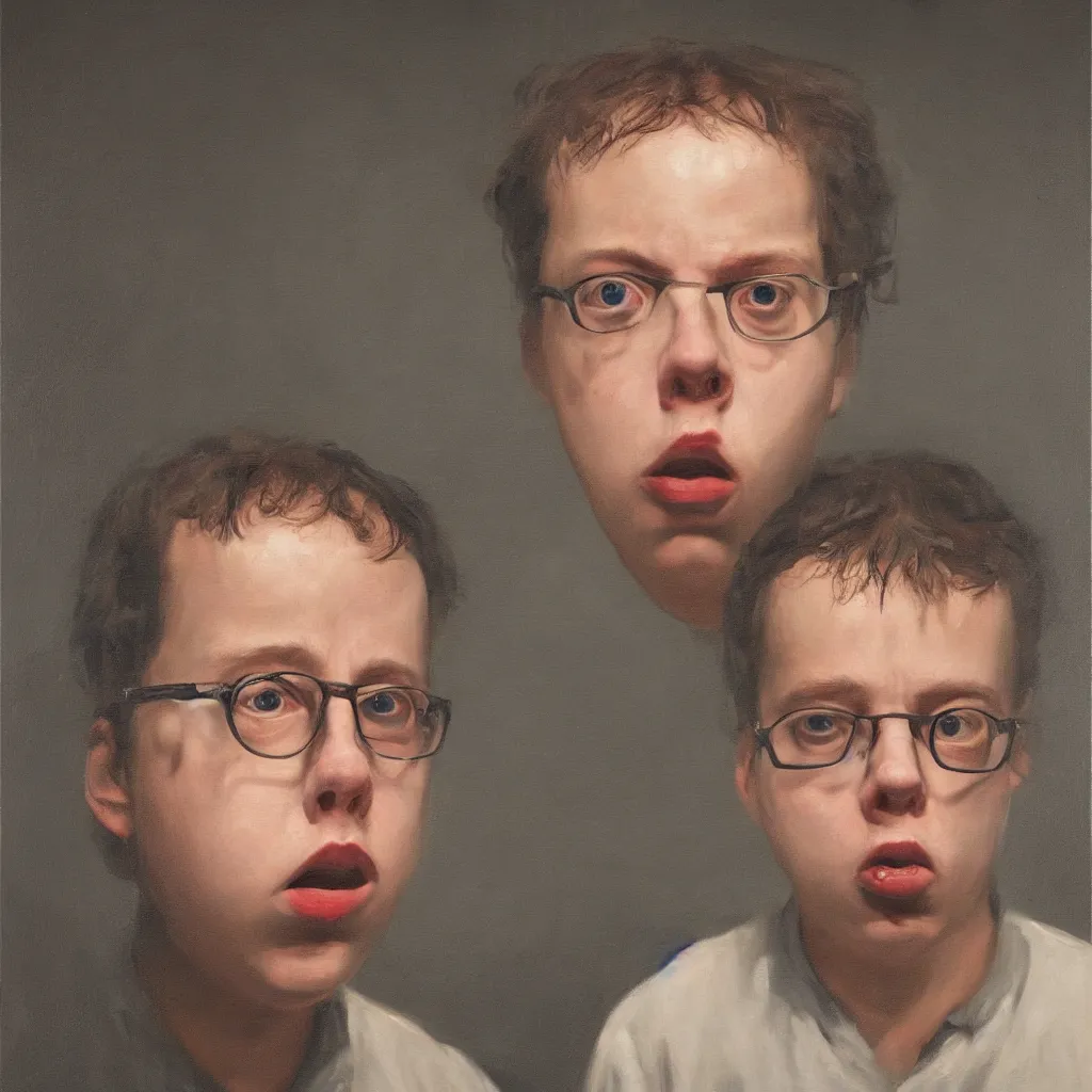 Image similar to oil painting by christian rex van minnen portrait of todd solondz age 2 5, extremely bizarre disturbing, intense chiaroscuro lighting perfect composition masterpiece intense emotion