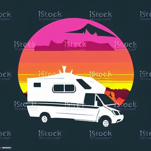 Image similar to vector art of a white and black cute thor chateau! motorhome camper!!, highway, mountains and colorful sunset!!, very very happy, dramatic motion, warm colors, crisp lines, very minimal vector art, sticker!! by tom whalen