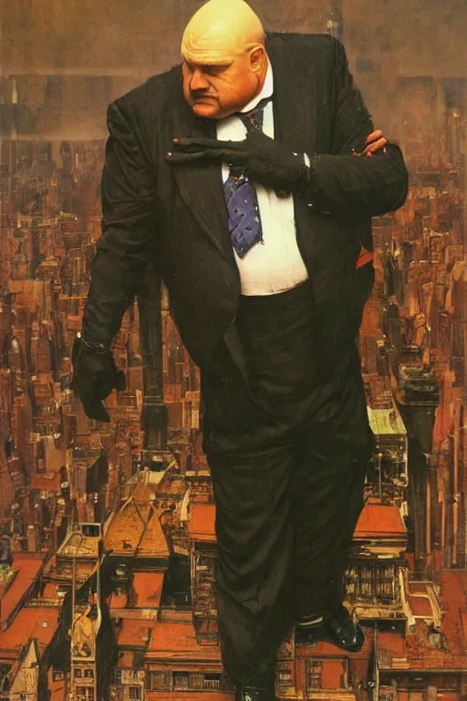 Image similar to full length portrait of huge paul donald wight as marvel's kingpin dressed as gangster, new york, painted by lawrence alma tadema, zdzislaw beksinski, norman rockwell, jack kirby, tom lovell, greg staples