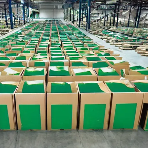 Prompt: a picture of a warehouse full of boxes with green square outlines over each one