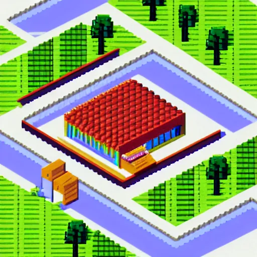 Prompt: isometric pixel art of a midwest town