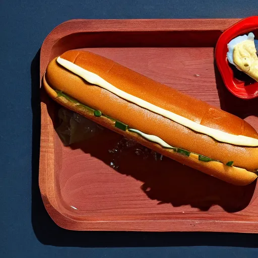 Prompt: a hotdog with just mustard and garnish on it