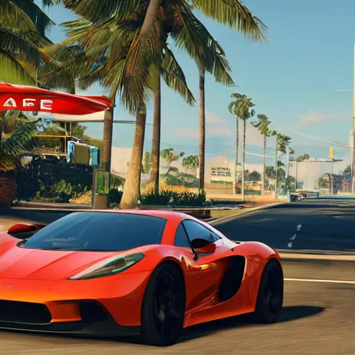 Prompt: screenshot of a hyper car in grand theft auto 6 set in miami, raytracing, beautiful, unreal engine