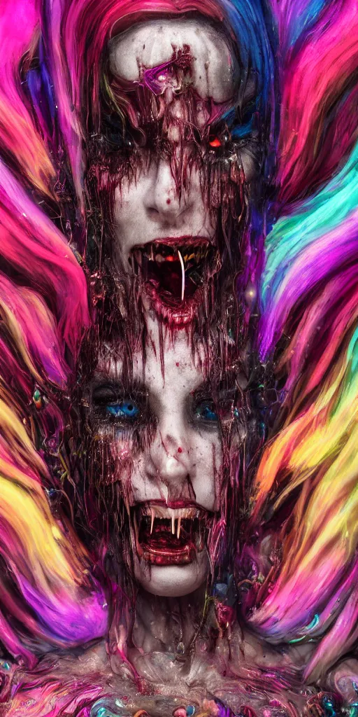 Image similar to impossibly beautiful vampire with large vampire fangs, full body, intricate complexity, horror, psychedelic glitch art, rainbow drip paint, trending on art station, photoreal, 8k, octane render