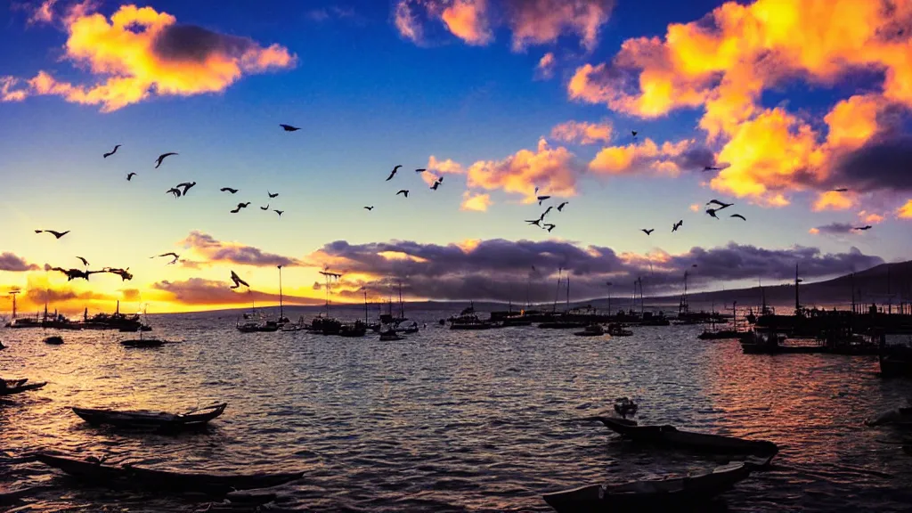 Image similar to Paisible sunset at Lahaina Maui, some boats, a few birds in the sky, sharp focus, illustration, paisible night lighting, incredible Photography wild angle 35mm