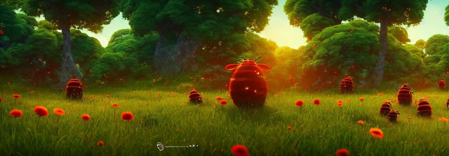 Image similar to stunning glowing dominant large highlighted crimson - black beehive, oversized cute bees in a beautiful forest meadow village landscape, flowers, happy trees, photorealistic, octane render, rtx, hdr, unreal engine, digital art widescreen 8 k, studio ghibli, pixar, disney, wlop