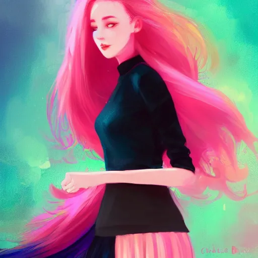 Image similar to colorful and festive captivating teenager girl with pink hair, cyan top crop, black skirt, black leggings, cute look. rich vivid colors, ambient lighting, dynamic lighting, 4 k, atmospheric lighting, painted, intricate, highly detailed by charlie bowater