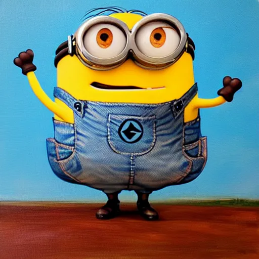 Image similar to minion after he accidentally ate his older brothers special brownie, oil painting