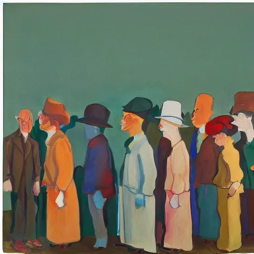 Image similar to A beautiful painting of a group of people standing in a line. They are all facing the same direction and appear to be waiting for something. bright, stuckism by Ruth Bernhard, by Edward Lear, by William Gropper 8k