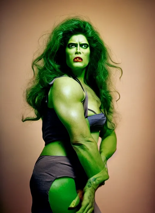 Image similar to a color photo portrait of she hulk in la wearing 6 0's fashion by tim walker, dramatic lighting, 7 5 mm lens, sharp focus.