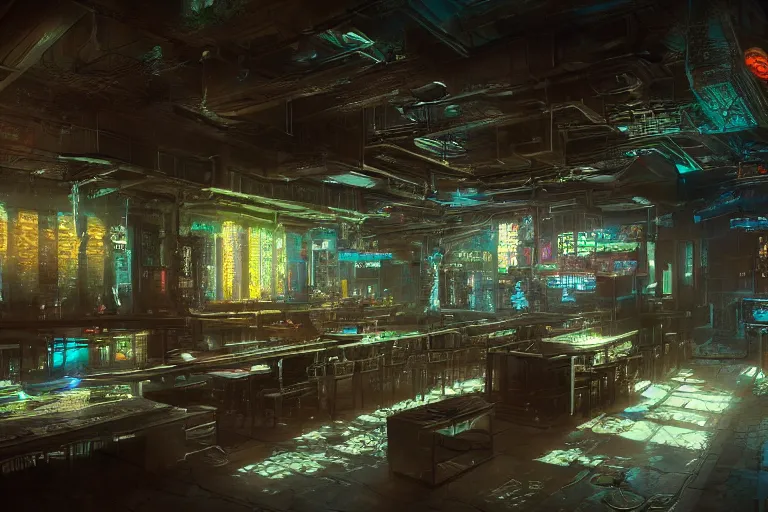 Prompt: ultra mega super hyper realistic Digital concept interior design of cyberpunk tavern with stone walls and neon lights, a lot of electronics, many details in style of Hiromasa Ogura and Josan Gonzalez. Natural white sunlight from the transperient roof. Rendered in VRAY and DaVinci Resolve and MAXWELL and LUMION 3D, Volumetric natural light