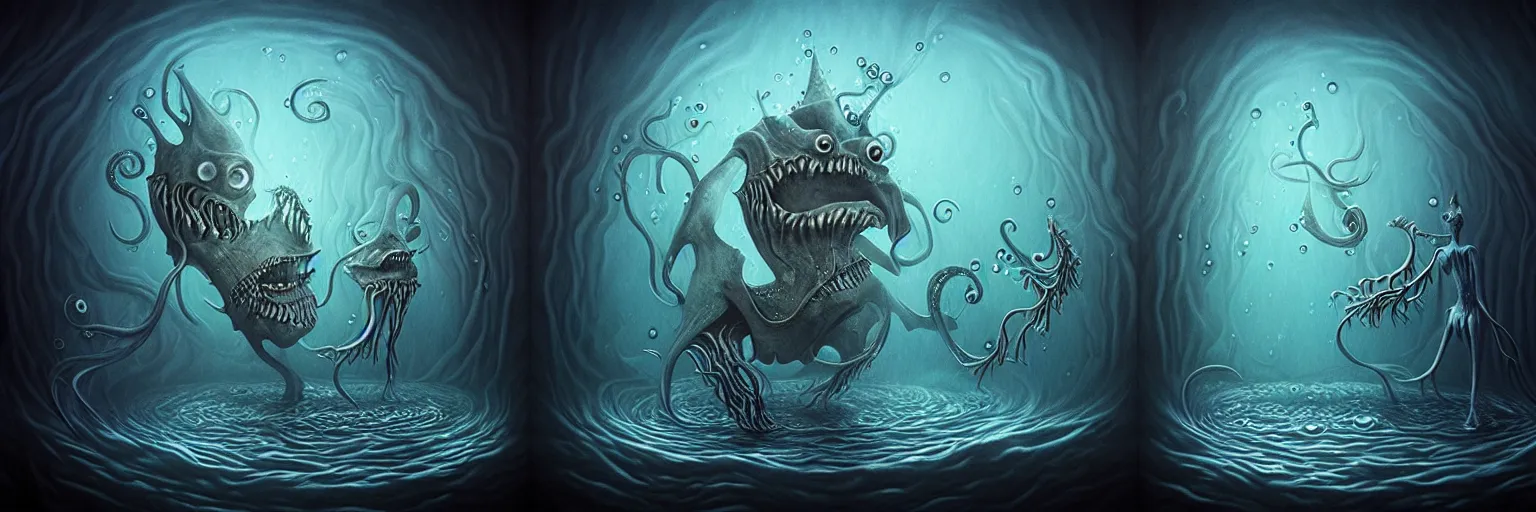 Image similar to whimsical watery alchemical monsters, surreal dark uncanny painting by ronny khalil