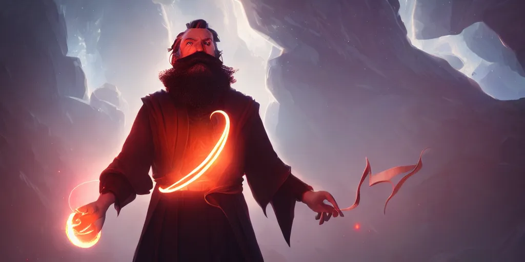 Image similar to a bearded telsa like male sorcerer casting a spell, light rays, bloom, dramatic lighting, epic composition, unreal engine, octane render, concept art, trending on artstation, by dan luvisi and gilles beloeil