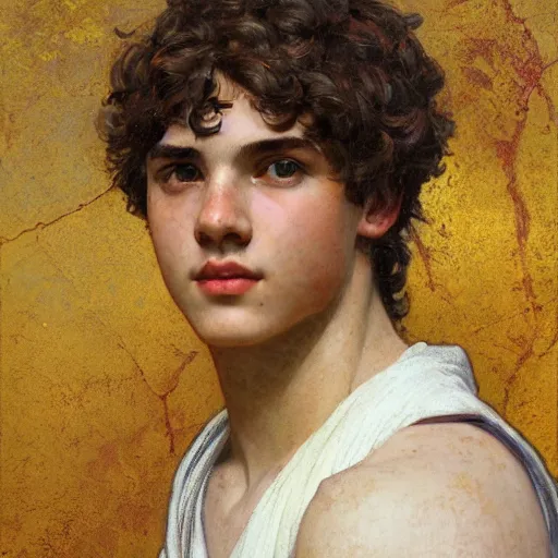 Image similar to portrait of 19 year old Antinous in ancient Greece, (SFW) safe for work, photo realistic illustration by greg rutkowski, thomas kindkade, alphonse mucha, loish, norman rockwell