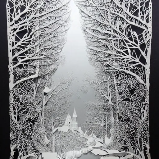 Prompt: white paper cut art of a fairytale scene hyper realistic many layers many details