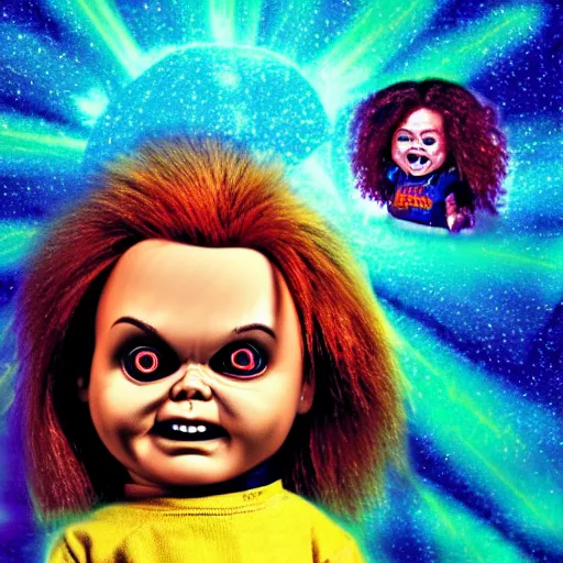 Prompt: Chucky the killer doll flying through the cosmos, psychedelic lighting