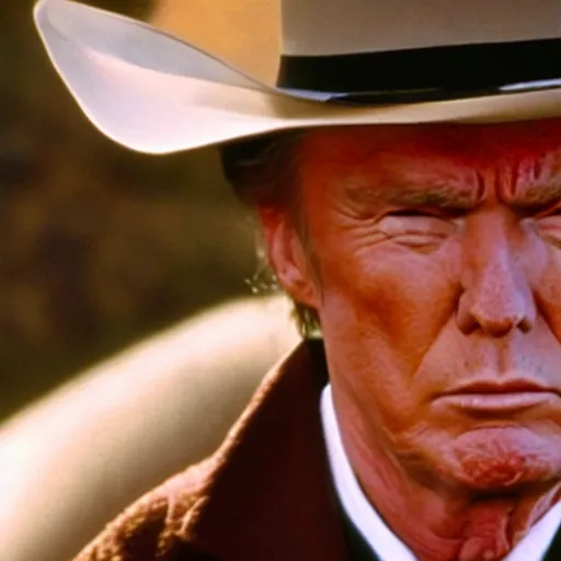 Image similar to donald trump as clint eastwood squinting at high noon in the style of a clint eastwood movie, the good, the bad and the ugly, clint eastwood, steven seagal, bud spencer, donald trump, glory days, patriotism