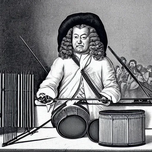 Prompt: bach playing a drum kit