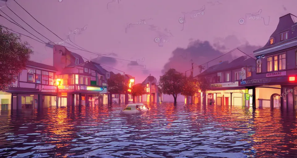 Prompt: a poignant 80s vaporwave outrun 3d Render of a german town being flooded at dusk, soft lighting, hazy atmosphere, retro, nostalgic melancholy, grainy, noisy