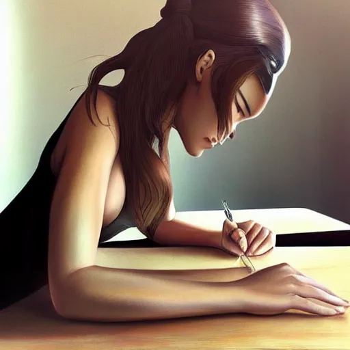 Image similar to beautiful girl leaning over table by artgerm, Pinterest