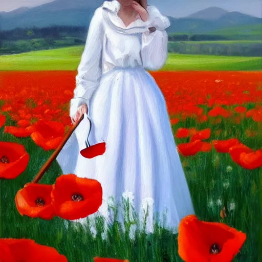 Prompt: oil painting of a women dressed in white holding a white umbrella, in field of poppies