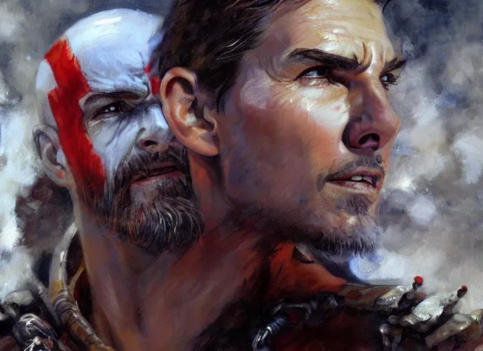 Image similar to a highly detailed beautiful portrait of tom cruise as kratos, by gregory manchess, james gurney, james jean