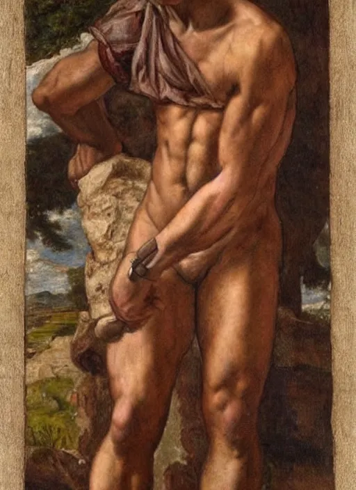 Image similar to Pre-Raphaelite young beautiful muscular male