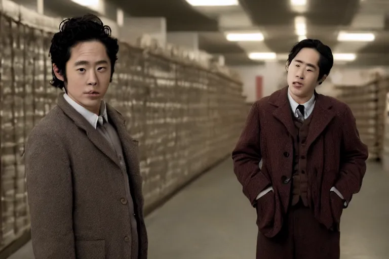 Image similar to cinematic still of Steven Yeun from charlie and chocolate factory (2005), XF IQ4, f/1.4, ISO 200, 1/160s, 8K, RAW, dramatic lighting, symmetrical balance, in-frame