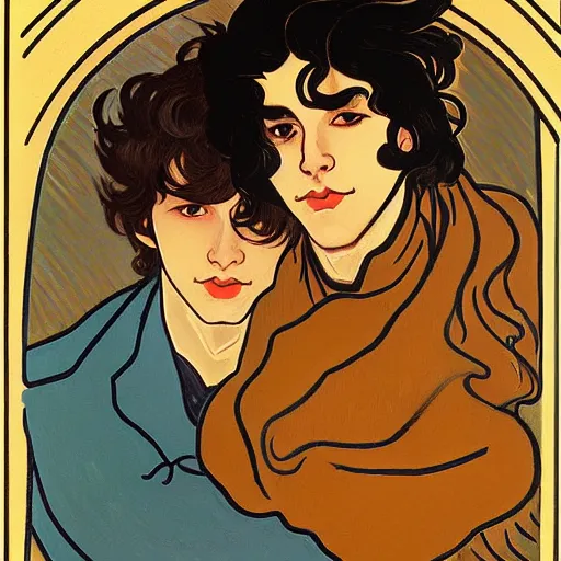 Image similar to painting of young cute handsome beautiful dark medium wavy hair man in his 2 0 s named shadow taehyung and cute handsome beautiful min - jun together at the halloween party, bubbling cauldron, candles, smoke, tarot, autumn colors, elegant, stylized, soft facial features, delicate facial features, art by alphonse mucha, vincent van gogh, egon schiele