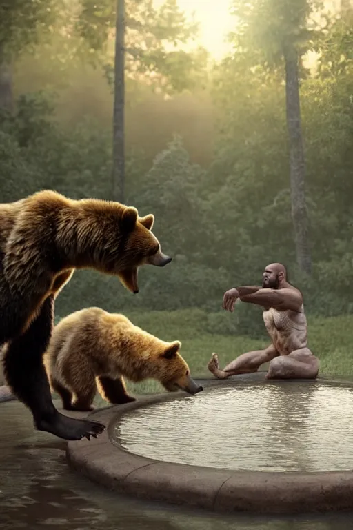 Image similar to fullbody portrait of a bear and a wolf playing capoeira in a hot spring. volumetric light, detailed, photorealistic, fantasy, rendered in octane