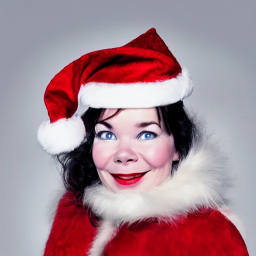 Image similar to Singer Björk wearing a Santa Claus hat