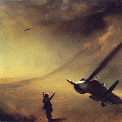 Image similar to flying machines at war, odd lighting matte oil painting by di fate and alan lee and goya