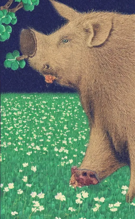 Image similar to by akio watanabe, manga art, a boar relaxing in a field of clovers, trading card front