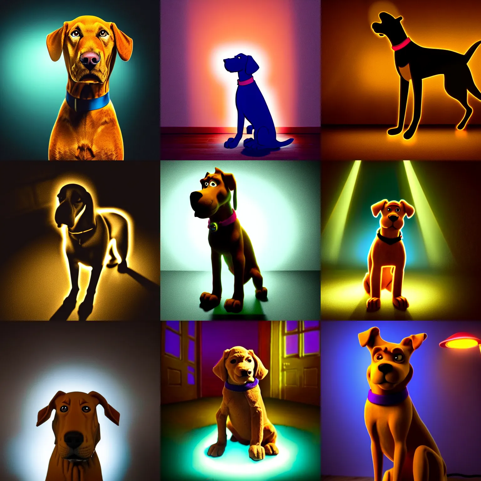 Prompt: photo of scooby - doo as a real dog alive stand in the middle of a dark room with a light from behind, real dog photo, realistic, intricate detail, photorealistic, highly detailed, cinematic atmosphere, dramatic