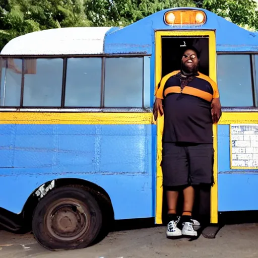 Image similar to overweight african american male school bus driver with dreads, wearing shorts with chubby legs, big moe, symmetric face, photo, posing in front of schoolbus