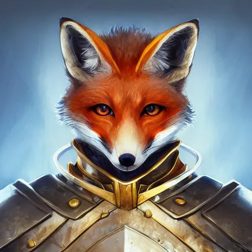 Image similar to anthropomorphic fox knight, portrait, highly detailed, digital painting, artstation, anime, sharp focus, illustration, art by artgerm and greg rutkowski and magali villeneuve, blue and gold color scheme