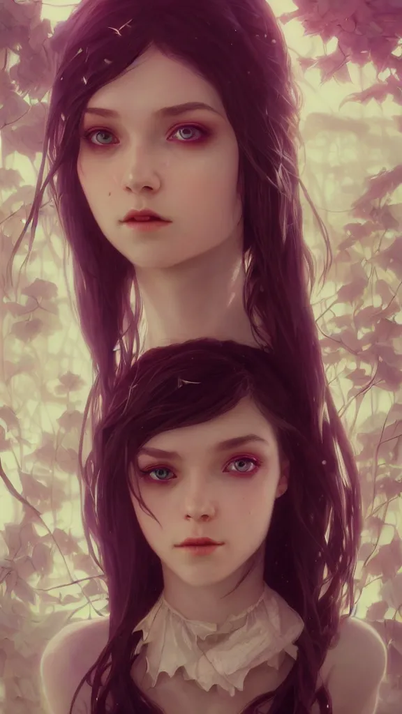 Image similar to highly detailed vfx portrait of a beautiful vampire girl, wonderful eyes, three - dimensional rendering, unreal engine, alexey gurylev, greg rutkowski, loish, rads, beeple, makoto shinkai and lois van baerle, rossdraws, tom bagshaw, alphonse mucha, global lighting, detailed and complex environment