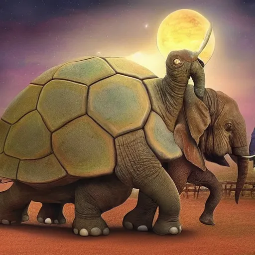 Prompt: Great A'Tuin is the Giant Star Turtle (of the fictional species Chelys galactica) who travels through the Discworld universe's space, carrying four giant elephants (named Berilia, Tubul, Great T'Phon, and Jerakeen) who in turn carry the Discworld